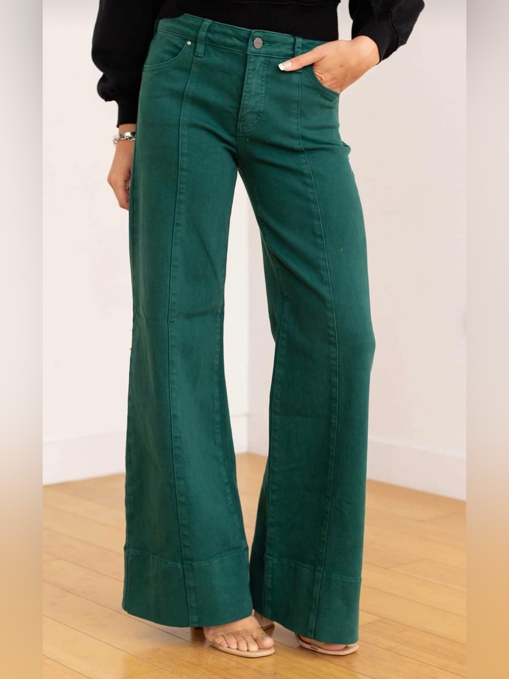 Risen Hunter Green Tummy Control Wide Leg Jeans size 1 / 25 New With Tags - Picture 1 of 9